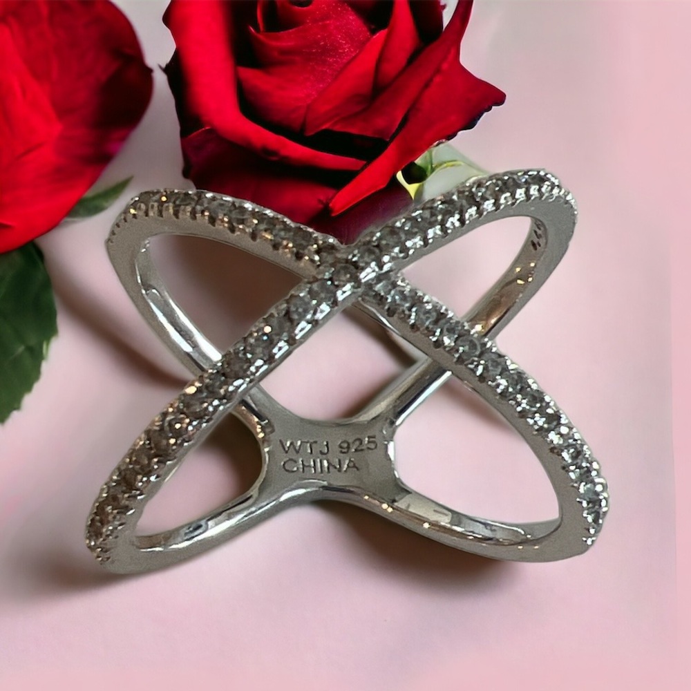 Sterling Silver 925/Faux Diamond Accented Criss Cross Ring, UGC